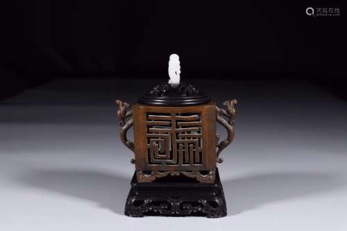 BRONZE HOLLOW-OUT SQUARE CENSER WITH HETIAN JADE TOP