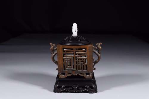 BRONZE HOLLOW-OUT SQUARE CENSER WITH HETIAN JADE TOP