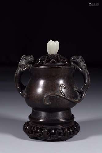 XUANDE MARK BRONZE CENSER WITH HETIAN JADE TOP