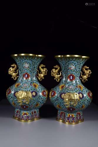 QIANLONG MARK CLOISONNE BEAST-EAR VASE IN PAIR