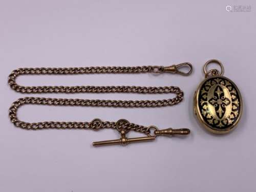 A 9ct ROSE GOLD ALBERT WITH T-BAR , LENGHT 39cms TOGETHER WITH A VICTORIAN GOLD AND BLACK ENAMEL