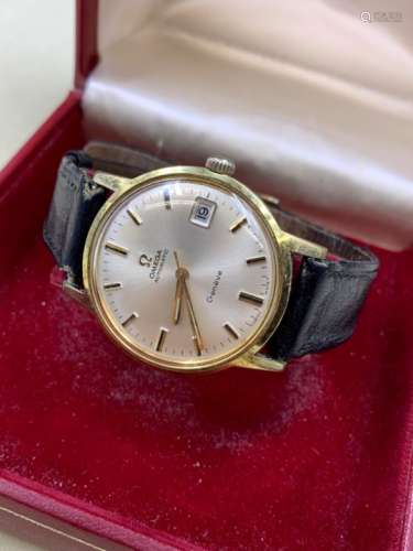 GENTS OMEGA GENEVE GOLD PLATE AND STAINLESS STEEL AUTOMATIC WATCH WITH DATE AT 3pm ON A BLACK