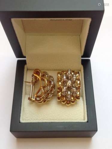 A PAIR OF 18ct YELLOW AND WHITE GOLD DIAMOND SET LARGE COCKTAIL EARRINGS, COMPLETE WITH SAFETY