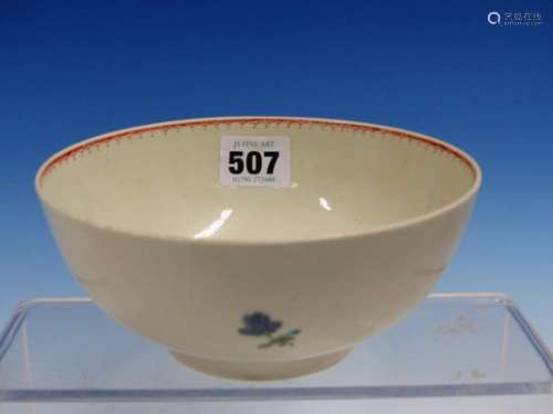 AN 18th C. BOWL, ATTRIBUTED TO BOW, THE EXTERIOR PAINTED WITH SCATTERED FLOWERS. Dia. 15.5cms.