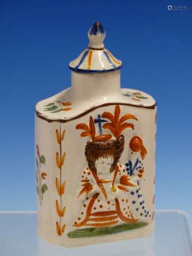 A GEORGE III PRATTWARE TEA CADDY AND COVER MOULDED IN RELIEF AND PAINTED WITH FIGURES OF MACARONI