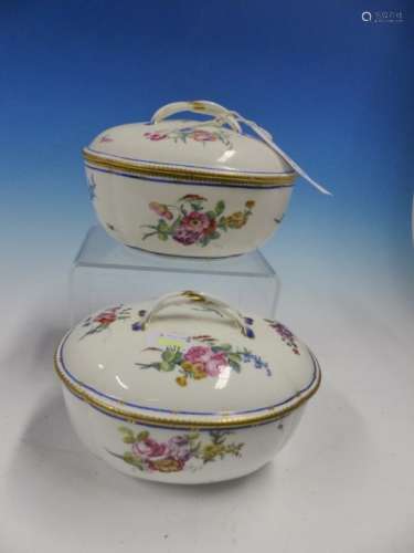 TWO ANTIQUE SEVRES SAUCE TUREENS AND COVERS, THE FLOWER PAINTER'S MARKS OF BARRE