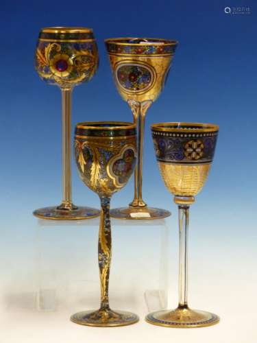 A JULIUS MUHLHAUS BOHEMIAN WINE GLASS AND THREE OTHERS SIMILAR PAINTED AND GILT WITH FLOWERS. H