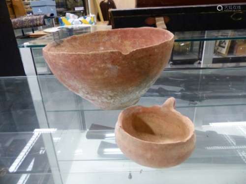 AN OLD TESTAMENT TERRACOTTA BOWL. Dia. 26cms TOGETHER WITH A DIPPER CUP WITH HANDLE TO ONE SIDE, THE