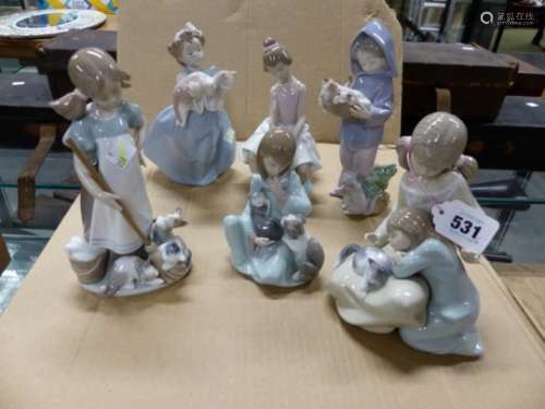 SIX LLADRO FIGURES OF GIRLS WITH CATS AND KITTENS, THE TALLEST. H 21.5cms
