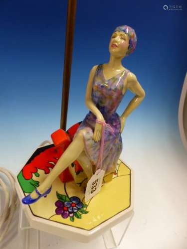 A KEVIN FRANCIS PEGGY DAVIES FIGURAL LAMP BASE, THE LADY WEARING A FLORAL FLAPPER DRESS SEATED ON