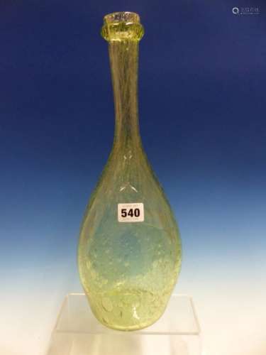 A CLUTHA STYLE BUBBLED PALE GREEN GLASS BOTTLE, THE TALL NECK TO THE ROUNDED TRIANGULAR BODY APPLIED