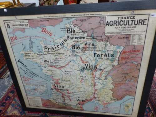A LARGE 1940'S SCHOOL MAP OF FRANCE SHOWING AGRICULTURE BY REGION, FRAMED AND GLAZED. 116 x 98cms.