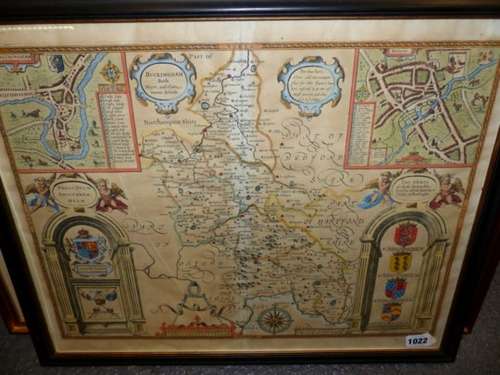 AN ANTIQUE HAND COLOURED MAP OF BUCKINGHAMSHIRE AFTER JOHN SPEED. 42 x 53cms.