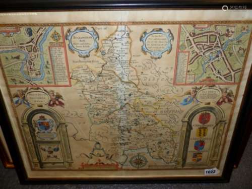 AN ANTIQUE HAND COLOURED MAP OF BUCKINGHAMSHIRE AFTER JOHN SPEED. 42 x 53cms.