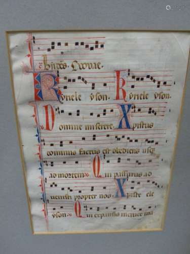 TWO EARLY ILLUMINATED MUSICAL MANUSCRIPT LEAVES, POSSIBLY DOMINICAN VELLUM. 35 x 24cms.