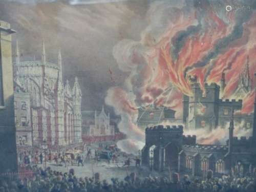 AFTER WILLIAM HEATH. AN ANTIQUE HAND COLOURED PRINT, THE DESTRUCTION OF THE HOUSES OF LORDS AND