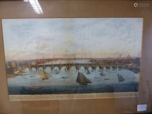 TWO ANTIQUE HAND COLOURED PRINTS OF LONDON VIEWS AFTER BOYDELL, WESTMINSTER BRIDGE AND BANQUETING