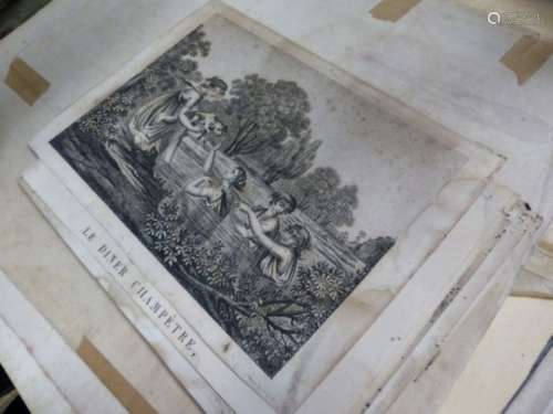 A GROUP OF 18th/19th.C. PRINTS AND MAPS TO INCLUDE SOME FRENCH GENRE SCENES AND A PORTRAIT OF J.M.