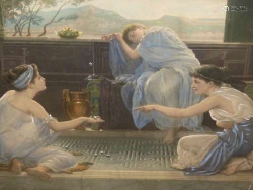 A VINTAGE COLOUR PRINT OF CLASSICAL FIGURES BY A POOL AFTER E.J.POYNTER. 40 x 62cms.