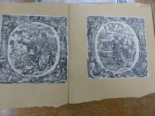 FOUR ENGRAVINGS OF 15th/16th C. MILITARY FIGURES, EACH OVAL SCENE ENCLOSED BY MILITARY TROPHIES AND