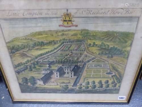 AN ANTIQUE HAND COLOURED PRINT AFTER KIP OF LITTLE COMPTON, THE SEAT OF SIR RICHARD HOWE. 43 x