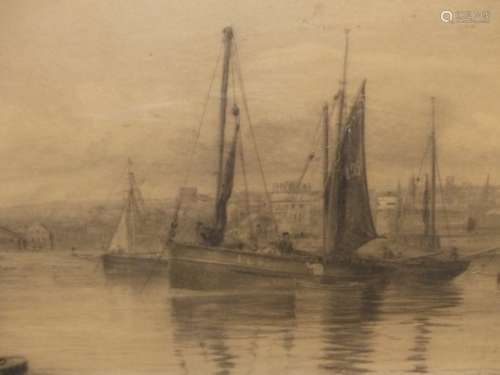 J.HOLLAND. ENGLISH 19th/20th.C. A FISHING PORT, SIGNED CHARCOAL DRAWING. 44 x 79cms.