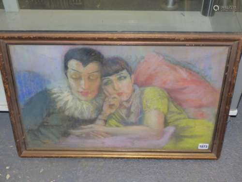 EARLY 20th.C.FRENCH SCHOOL. HARLEQUIN LOVERS, SIGNED INDISTINCTLY PASTEL. 38 x 61cms.