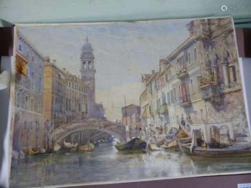W....W...DEANE. (1825-1873) A VENETIAN CANAL, SIGNED AND DATED 1870, UNFRAMED WATERCOLOUR. 32.5 x