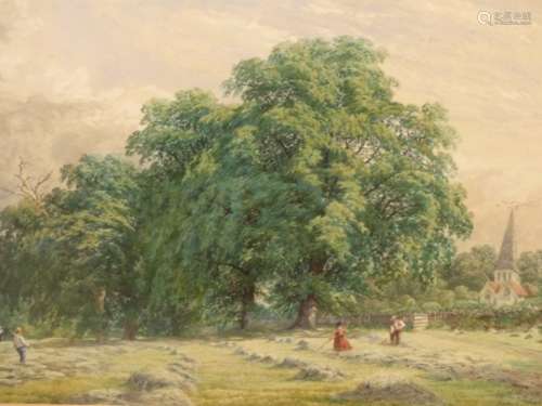 ATTRIBUTED TO CHARLES DAVIDSON. (1820-1902) THE HAY FIELDS, WATERCOLOUR. 40 x 57cms.