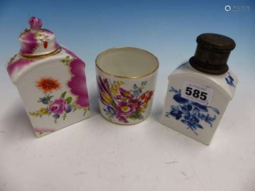 A MEISSEN TEA CADDY WITH EUROPEAN SILVER COVER. H 11.5cms. ANOTHER GERMAN TEA CADDY AND COVER. H