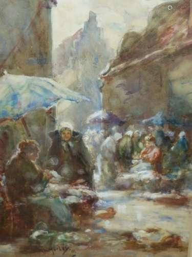C.M.MORLEY. LATE 19th / EARLY 20th.C.. A CONTINENTAL MARKET SCENE, SIGNED WATERCOLOUR. 66 x 42cms.