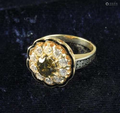 A 14 Carat Gold Diamond & Niello Ring set with 10 stones approx 1 ct total surrounding a central