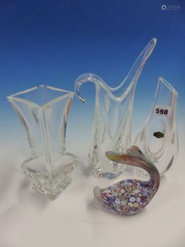A ST LOUIS AND TWO SEVRES CLEAR GLASS VASES, THE TALLEST. H 30cms. TOGETHER WITH AN ITALIAN