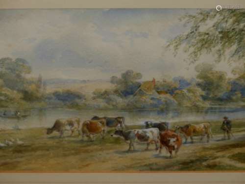H.EARP SENIOR. (1831-1914) A RIVER VIEW WITH CATTLE, SIGNED WATERCOLOUR. 18 x 47.5cms.