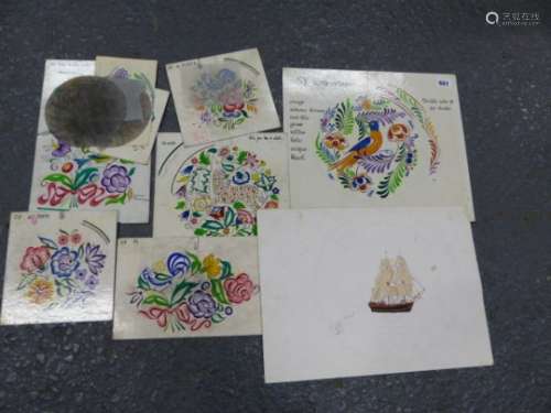 NINE WATERCOLOURED DESIGNS FOR POOLE POTTERY TOGETHER WITH SOME PIN PRICKED STENCILS, MAINLY FLOWERS