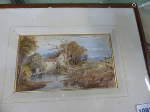 19th.C.ENGLISH SCHOOL. A BRIDGE BY A HAMLET, WATERCOLOUR WITH INTERESTING INSCRIPTION VERSO RELATING