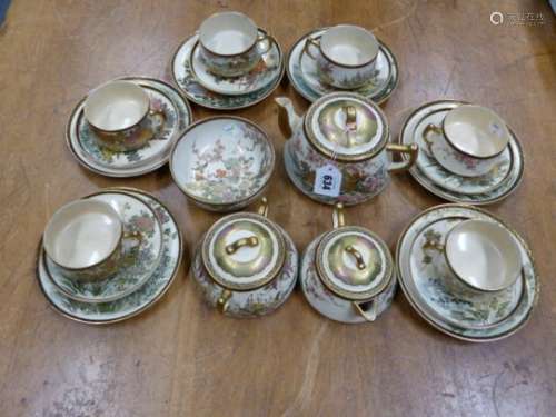 A SATSUMA POTTERY TEA SERVICE PAINTED WITH BIRDS AND FLOWERS COMPRISING SIX TEA CUPS, SAUCERS AND