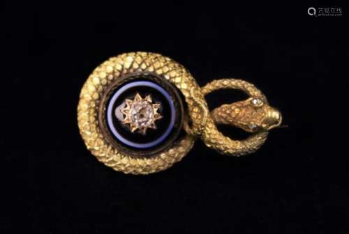 A Fine 18 Carat Gold Mourning Brooch fashioned as a scrolling snake set with bullseye agate and