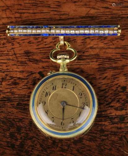 A LeCoultre & Cie 18 Carat Gold Lady's Pocket Watch with blue guilloche enamelled case hanging from