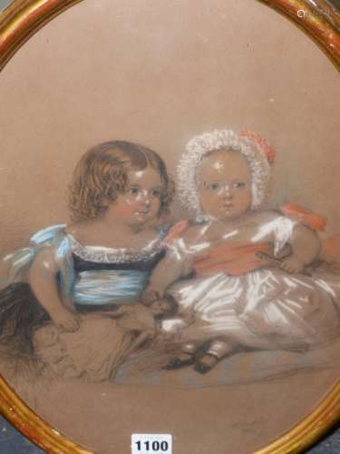 ENGLISH VICTORIAN SCHOOL. OVAL PORTRAIT OF TWO CHILDREN WITH A DOLL, SIGNED AND DATED