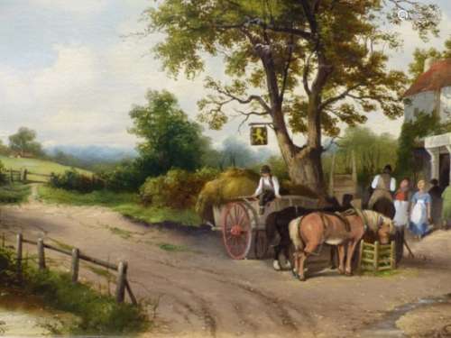 19th.C.ENGLISH SCHOOL. HAYING AND A RURAL TAVERN SCENE, ONE SIGNED AND DATED INDISTINCTLY, OIL ON