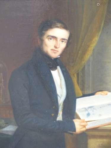 CHARLES FOURNIER. (1803-1854) PORTRAIT OF A GENTLEMAN IN HIS STUDY EXAMINING A BOTANICAL BOOK,