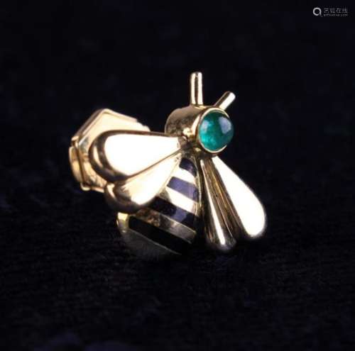 A Cartier 18 Carat Yellow Gold & Enamel Bee Pin Brooch set with an emerald cabochon,