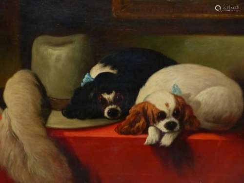 AFTER LANDSEER. TWO SPANIELS BESIDE A FEATHERED HAT, OIL ON CANVAS, FRAMED. 50 x 60cms.