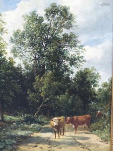 J.CRAWFORD. 19th,C,ENGLISH SCHOOL.. CATTLE ON A RURAL TRACK, SIGNED OIL ON CANVAS. 44 x 33cms.