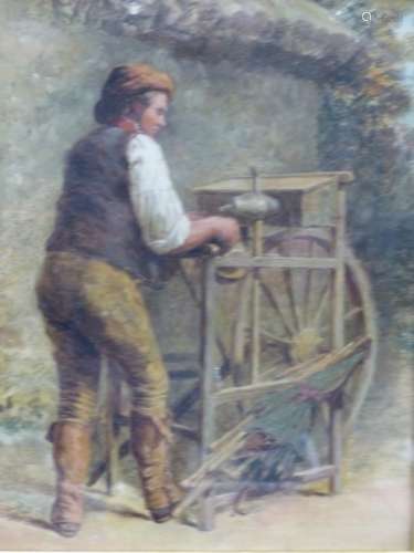 19th.C.ENGLISH SCHOOL. THE KNIFE GRINDER, OIL ON CANVAS. 34 x 28.5cms.