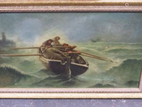 LATE 19th.C.SCHOOL. A ROWBOAT IN STORMY SEAS, INSCRIBED INDISTINCTLY, OIL ON CANVAS. 33 x 55cms.