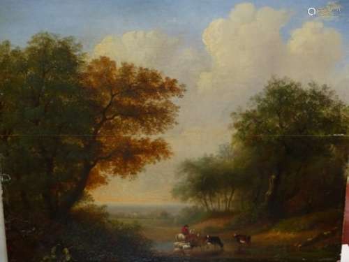 MID 19th.C.CONTINENTAL SCHOOL. A RURAL LANDSCAPE WITH CATTLE WATERING, SIGNED AND DATED