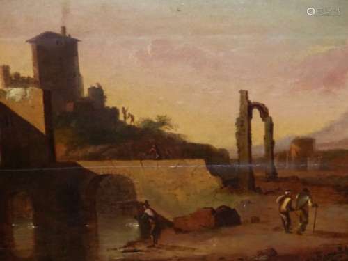 OLD MASTER SCHOOL. AN ITALIANATE LANDSCAPE WITH VILLAGE AND RUINS, OIL ON PANEL. 66 x 117cms.