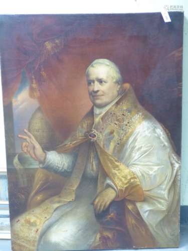 19th.C.ROMAN SCHOOL. PIUS IX POPE 1846-1878 SEATED WITH RIGHT HAND RAISED IN BENEDICTION, OIL ON